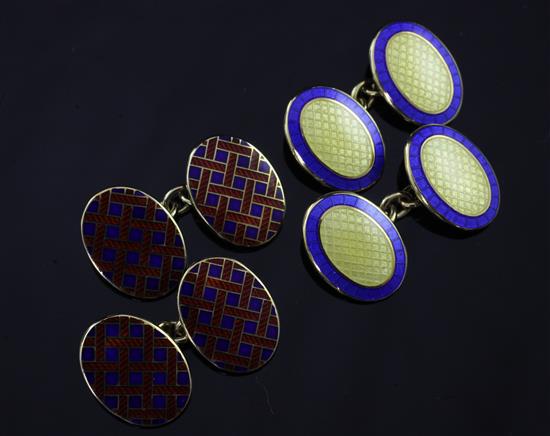 Two pairs of 9ct gold and enamel oval cufflinks, gross weight 29.9 grams.